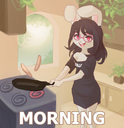 anthro appliance black_clothing black_hair brown_body buckteeth clothing dialogue eyewear female food glasses hair holding_pan inside kitchen looking_at_viewer open_mouth pancake red_eyes round_glasses shirt smile solo stove teeth text text_on_clothing text_on_shirt text_on_topwear topwear corablue lagomorph leporid mammal rabbit 2026 english_text