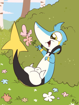 animal_genitalia anthro balls big_balls biped blue_body countershade_face countershade_torso countershading day flower forest genitals grass head_tuft holding_flower holding_object leaning leaning_backward male nude open_mouth open_smile outside plant sheath shrub smile solo tongue tree tuft white_body white_countershading yellow_eyes fuf nintendo pokemon ambient_arthropod ambient_butterfly ambient_insect generation_4_pokemon generation_5_pokemon hybrid pokemon_(species) shinx snivy 2018 hi_res