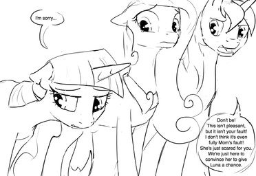 dialogue female feral group horn male text silfoe friendship_is_magic hasbro my_little_pony mythology princess_cadance_(mlp) shining_armor_(mlp) twilight_sparkle_(mlp) equid equine mammal mythological_creature mythological_equine unicorn 2015 english_text hi_res monochrome