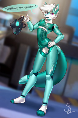 andromorph anthro ear_piercing gas_mask genitals intersex joints machine male mask piercing robotic robotization solo translucent translucent_body translucent_tail vulva nariikhan robot robot_anthro hi_res
