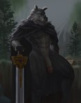 anthro big_penis black_body black_fur blue_eyes cape cape_only clothing facial_scar fangs fur genitals greatsword half-erect humanoid_genitalia humanoid_penis male melee_weapon mostly_nude penis scar sitting solo teeth weapon katazai elden_ring fromsoftware blaidd_(elden_ring) canid canine canis mammal wolf absurd_res hi_res