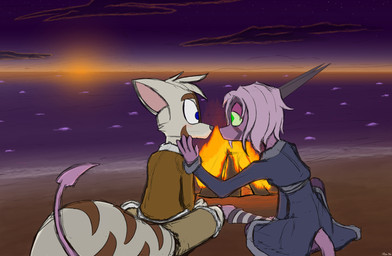 anthro beach blush campfire clothed clothing cloud duo female fire fur hair horn male male/female outside pink_body pink_hair seaside sitting spade_tail sunset tail tan_body tan_fur sporefox1 dreamkeepers mace_(dreamkeepers) namah_calah domestic_cat felid feline felis mammal 2017 hi_res