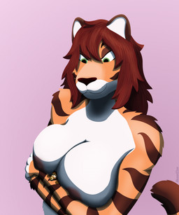 anthro big_breasts breast_squish breasts duo female looking_at_another looking_down looking_down_at_partner looking_up_at_partner macro macro_female male male/female micro micro_between_breasts micro_male nipples nude nude_anthro nude_female squish weaselclaw werther domestic_ferret felid mammal mustelid musteline pantherine tiger true_musteline weasel hi_res