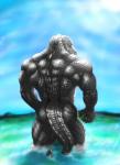 anthro back_muscles biceps big_muscles black_body black_scales butt claws green_eyes legs_in_water looking_at_viewer looking_back male muscular muscular_anthro muscular_male nude outside partially_submerged rear_view scales solo standing standing_in_water submerged_legs submerged_tail tail_in_water tail_out_of_water teeth water dynafurryart crocodile crocodilian reptile scalie hi_res