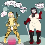 anthro bimbofication boots bulge clothing dominant duo electricity female footwear gloves handwear high_heeled_boots high_heels intelligence_loss latex machine male open_mouth shoes simple_background skinsuit tight_clothing torture datbadger catherine_(datbadger) badger felid leopard mammal mustelid musteline pantherine 1:1 story story_in_description