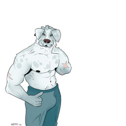 abs amputee anthro blue_body clothed clothing disability ear_piercing freckled_face freckles gesture hand_gesture male markings missing_arm muscular muscular_anthro muscular_male nipples pecs piercing scar solo spots spotted_body standing thumbs_up topless fructosed hawthorn_(fructosed) canid canine canis domestic_dog mammal 1:1 2023 absurd_res hi_res monochrome