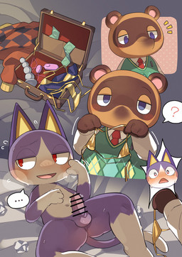 anthro balls bed bikini biped blue_eyes blush brown_body censor_bar clothing duo erection furniture genitals glans gold_bikini humanoid_genitalia humanoid_penis lying male multicolored_body on_back on_bed open_mouth open_smile penis red_eyes smile swimwear tongue triangle_bikini two-piece_swimsuit white_body bigoyatsu animal_crossing nintendo rover_(animal_crossing) tom_nook_(animal_crossing) canid canine domestic_cat felid feline felis mammal procyonid raccoon raccoon_dog tanuki absurd_res hi_res