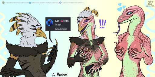 5_fingers anthro areola_expansion arm_tuft beak belly belly_tuft black_body black_feathers black_stripes blotchy_areola blue_eyes breast_growth breasts brown_belly brown_body brown_feathers brown_nipples brows cellphone chat_message cheek_tuft chest_tuft claws earhole electronics exclamation_point expansion eye_color_transformation facial_markings facial_tuft feather_tuft feathered_crest feathered_wings feathers female female_anthro fingers forked_tongue gender_transformation gradient_background green_belly green_body green_neck green_palms green_scales growth hand_on_own_breast hands_on_own_breasts head_crest head_markings head_tuft heart_symbol holding_cellphone holding_object holding_phone holding_smartphone hooked_beak jagged_beak long_claws long_tongue looking_at_breasts looking_at_object looking_at_own_breasts looking_at_phone looking_at_self looking_down looking_down_at_self male male_anthro markings medium_breasts message_box mtf_transformation neck_tuft nipple_expansion nipples non-mammal_breasts non-mammal_nipples nude nude_anthro nude_female nude_male open_mouth phone pink_body pink_claws pink_nipples pink_scales purple_eyes purple_mouth purple_tongue red_eyes ridged_mouth scale_growth scales scutes sharp_teeth shocked shoulder_tuft simple_background small_breasts smartphone smile smirk smug snout snout_growth solo species_transformation speckled speckled_body speckled_scales speckles striped_face striped_feathers stripes talon_hands teeth text three_frame_sequence tongue tongue_out transformation transformation_sequence tuft white_body white_crest white_feathers white_head white_neck white_sclera winged_arms wings yellow_beak yellow_body yellow_claws yellow_crest yellow_feathers yellow_scutes yellow_talons xenthetechnomorph discord_(app) aquil_(aquiliqex) xen_(xenthetechnomorph) accipitrid accipitriform aquilinae avian bird crowned_eagle eagle lizard monitor_lizard reptile scalie 2026 2:1 absurd_res dated digital_media_(artwork) english_text half-length_portrait hi_res portrait sequence signature