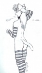 anthro bottomless butt clothed clothing female knee_pit legwear open_mouth solo stockings stripes tail tired yawn meesh domestic_cat felid feline felis mammal black_and_white digital_media_(artwork) graphite_(artwork) monochrome traditional_media_(artwork)