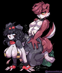 anthro anthro_on_anthro anthro_penetrated anthro_penetrating anthro_penetrating_anthro big_breasts big_butt black_background black_body black_fur black_hair bodily_fluids bottom_heavy bottomless bottomless_anthro bottomless_female bra breasts butt cheek_tuft choker clothed clothing collar doggystyle duo ear_piercing facial_tuft female female_penetrated femboy fingerless_gloves floppy_ears folded_ears from_behind_position fur gloves hair hair_over_eye handwear huge_butt intraspecies jewelry josou_seme looking_at_viewer male male/female male_penetrating male_penetrating_female multicolored_body multicolored_fur necklace one_eye_obstructed pear-shaped_figure penetration penile penile_penetration penis_in_vagina piercing red_hair sex shortstack shortstack_male simple_background spiked_collar spikes studded_collar studs sweat sweatdrop thick_thighs tuft two_tone_body two_tone_fur underwear vaginal vaginal_penetration white_hair wide_hips stuh_art comet_the_dog canid canine canis domestic_dog mammal 2023 absurd_res colored digital_media_(artwork) hi_res
