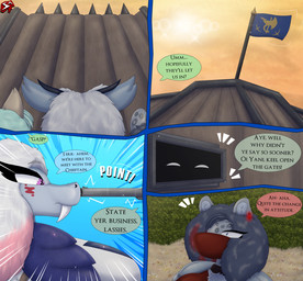 ahoge anthro bangs belt blue_background blue_body blue_eyes blue_hair blue_scales breasts chest_tuft clothing cloud coat dialogue ear_piercing ear_ring emanata eye_markings fangs female flag flag_(object) flower focus_lines fur grass grass_field green_hair grey_body grey_fur gun hair highlights_(coloring) horn inner_ear_fluff insignia light long_hair male markings mask motion_lines piercing plant pointing_gun purple_eyes ranged_weapon red_clothing red_hair red_shirt red_topwear rifle ring_piercing sabertooth_(anatomy) scales scarf shirt short_hair shoulder_pads shrub simple_background sky spots spotted_markings sunlight sunset surprised talking_to_another tan_body tan_fur teeth text topwear tuft wall_(structure) weapon wearing_mask white_clothing white_coat white_hair white_topwear stylish_apollo heart_of_the_lands mythology ithaca_juneia roseland_mingwei zenchi_hasagami canid canine canis clouded_leopard coyote dragon felid mammal mythological_creature mythological_scalie pantherine scalie comic english_text hi_res story story_in_description