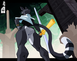anthro bottomless bottomless_anthro bottomless_female clothed clothing cosplay dream_breaker_(pseudoregalia) female fur grey_body grey_fur looking_at_viewer looking_back looking_back_at_viewer pose red_eyes solo tail thick_thighs kingsus pseudoregalia bacardi_(muart242) sybil_(pseudoregalia) domestic_cat felid feline felis mammal 2025 hi_res