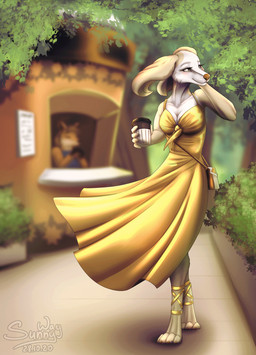 anthro beverage biped clothed clothing coffee depth_of_field dress female fully_clothed fur green_background happy park paws plant purse relaxing simple_background smile solo summer sunny tree walking wind yellow_body yellow_clothing yellow_dress yellow_fur sunny_way aggretsuko sanrio inui_(aggretsuko) borzoi canid canine canis domestic_dog hunting_dog mammal sighthound 2020 digital_media_(artwork) full-length_portrait hi_res portrait