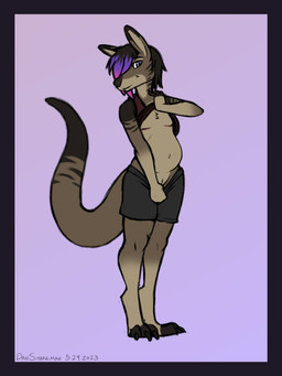 andromorph anthro belly black_border black_hair border bottomwear bottomwear_pull brown_body brown_fur chest_tuft clothed clothing clothing_lift clothing_pull digitigrade early_pregnancy flashing flashing_chest flashing_pussy fur genitals grey_eyes hair hair_over_eye humanoid_hands intersex looking_at_viewer mastectomy_scar navel pregnant pregnant_andromorph pregnant_anthro pregnant_intersex purple_background purple_hair_tips scar shirt shirt_lift shorts shorts_pull simple_background solo standing tail text topwear tuft vulva dansharkman skylar_(dansharkman) kangaroo macropod mammal marsupial 2023 3:4 digital_drawing_(artwork) digital_media_(artwork) english_description english_text hi_res trans_(lore) trans_man_(lore)