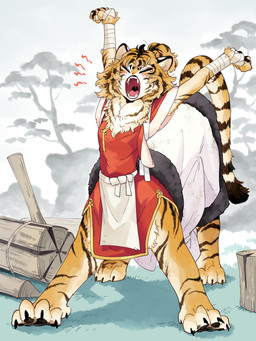 asian_clothing bandaged_hands breasts chinese_clothing chinese_dress claws clothed clothed_female clothed_taur clothing dress east_asian_clothing eyes_closed fangs female fur grass handpaw inner_ear_fluff markings open_mouth orange_body orange_fur outside paws plant quadruped red_clothing red_dress small_breasts solo stretching striped_body striped_fur striped_markings striped_tail stripes tail tail_markings taur_clothing teeth tuft whiskers yawn yamanobe_saya felid felid_taur mammal mammal_taur pantherine pantherine_taur taur tiger tiger_taur 3:4 hi_res