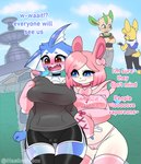 absurd_res anthro beau_(vaporwaveon) big_breasts blue_body blue_eyes blush bottomwear breasts camel_toe clothed clothing crossed_arms dialogue dolphin_shorts duo_focus eeveelution english_text female female/female fingerless_gloves generation_1_pokemon generation_4_pokemon generation_6_pokemon genital_outline gloves group handwear hashu hi_res leafeon legwear midriff nintendo nipples outside pokemon pokemon_(species) pokemorph pussy_outline queenie_(hashu) shorts sweater sylveon text thigh_gap thigh_highs tight_clothing topwear vaporeon white_body yellow_body