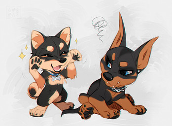 annoyed black_body black_claws black_fur black_nose black_pawpads blue_collar blue_eyes brown_body brown_fur chain_collar chibi claws collar collar_tag curled_tail duo ear_piercing eyes_closed fangs female feral fur inner_ear_fluff looking_at_another male open_mouth pawpads piercing pink_tongue simple_background sitting snout standing tail tan_body tan_fur teeth tongue tongue_out tuft azzai canid canine canis dobermann domestic_dog mammal pinscher shiba_inu spitz 2025 colored colored_sketch digital_drawing_(artwork) digital_media_(artwork) flat_colors sketch