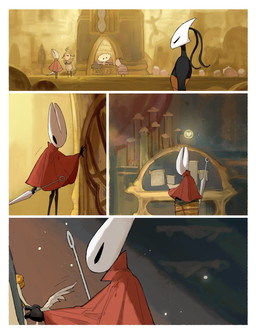 antennae_(anatomy) anthro biped black_body black_eyes blood blood_on_clothing blood_stain bodily_fluids building cloak clothing desk detailed_background empty_eyes eye_contact female female_anthro furniture group hornet's_needle house inside looking_at_another loose_feather mouthless quill red_cloak red_clothing sitting solo_focus table white_body yellow_body darkdog hollow_knight:_silksong hollow_knight_(franchise) team_cherry frey_(hollow_knight:_silksong) hornet_(hollow_knight) pavo_(hollow_knight:_silksong) shakra_(hollow_knight:_silksong) arthropod 2025 absurd_res comic digital_drawing_(artwork) digital_media_(artwork) hi_res