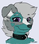 anthro cheek_tuft collar cute_fangs facial_tuft fangs female floppy_ears fur grey_body grey_fur grey_hair grey_nose hair heart_(marking) markings purple_eyes short_hair simple_background smile solo teal_body teal_fur teeth tuft white_background chocolatekitsune canid canine canis domestic_dog mammal bust_portrait portrait