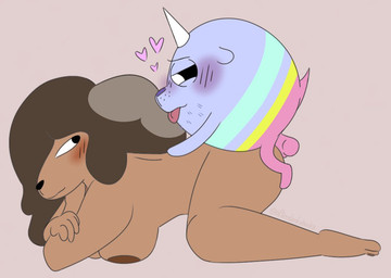 anthro arched_back backsack balls big_butt black_nose blue_body blue_fur blush body_hair breasts brown_body brown_fur brown_hair butt crossed_arms doggystyle duo ears_down enjoying eye_contact female from_behind_position fur genitals hair hand_on_back heart_symbol horn humping looking_at_another male male/female multicolored_body multicolored_fur pivoted_ears purple_nose red_background round_body sex simple_background size_difference small_top_big_bottom smaller_male smile stripes tall_female tongue tongue_out unicorn_horn sockslettice adventure_time cartoon_network samantha_(adventure_time) t.v._(adventure_time) canid canine hybrid mammal pup_(adventure_time) rainicorn