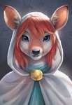 anthro black_nose blue_eyes breasts clothed clothing female hair red_hair smile solo goldendruid deer mammal 2021 bust_portrait digital_media_(artwork) digital_painting_(artwork) hi_res portrait shaded