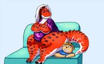 anthro bottomless bottomless_anthro bottomless_female breasts claws cleavage clenched_teeth clothed clothing crossed_arms duo eye_contact fangs female fur furniture hair looking_at_another male mining_helmet on_sofa overweight overweight_anthro overweight_female scales shirt sitting sitting_on_another sitting_on_sofa slightly_chubby slightly_chubby_anthro slightly_chubby_female sofa teeth thick_thighs toe_claws topwear wide_eyed wide_hips worried shenzel magellan_(thetunnahaddict) trinity_(shenzel) dinosaur herpestid mammal meerkat prehistoric_species reptile scalie theropod tyrannosaurid tyrannosauroid tyrannosaurus tyrannosaurus_rex 2017 hi_res