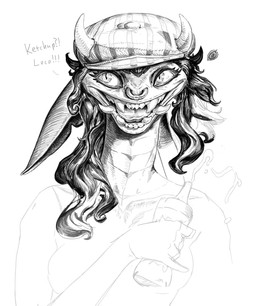 ambiguous_gender anthro big_ears biped black_hair clothing collar ear_piercing facial_piercing female food forked_tongue hair hat headgear headwear horn ketchup liquid long_hair multiple_piercings narrowed_eyes nose_piercing open_mouth piercing sharp_teeth solo spurting teeth tongue white_sclera zaggatar deadlock_(game) valve valve_corporation ivy_(deadlock) gargoyle humanoid 2025 absurd_res digital_media_(artwork) hi_res monochrome pixel_(artwork) unfinished female_(lore)
