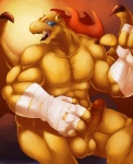 abs anthro athletic balls bandage biceps big_muscles biped brown_body brown_skin claws erection fangs garland genitals horn humanoid_genitalia humanoid_penis male membrane_(anatomy) membranous_wings muscular muscular_anthro muscular_male non-mammal_balls nude open_mouth pecs penis pose red_eyes scales simple_background sitting solo teeth tongue vein wings aledonrex breath_of_fire capcom mythology garr_(breath_of_fire) dragon mythological_creature mythological_scalie reptile scalie 2011