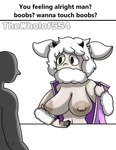 ambiguous_gender anthro areola big_breasts breasts clothed clothing dialogue duo female female_anthro horn nipples open_clothing open_topwear text topwear thewholof554 boobs?_wanna_touch_boobs? sheipy_(thewholof554) bovid caprine mammal sheep artist_name cel_shading digital_drawing_(artwork) digital_media_(artwork) english_text meme shaded