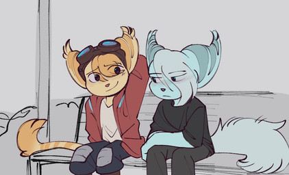 anthro bench black_bottomwear black_clothing black_pants black_shirt black_topwear blue_body blue_fur blue_hair bottomwear clothed clothed_male clothing duo emo_haircut eyewear eyewear_on_head fluffy fluffy_tail fur goggles goggles_on_head hair hair_over_eye hair_over_eyes hand_behind_head jacket male male/male male_anthro markings on_bench outside pants pink_nose red_clothing red_jacket red_topwear ring_(marking) ringed_tail shirt sitting sitting_on_bench striped_markings striped_tail stripes tail tail_markings tan_body tan_fur thin_tail topwear yellow_body yellow_fur time_fluffy500 ratchet_and_clank sony_corporation sony_interactive_entertainment mopz_(ratchet_and_clank) sprocket_(ratchet_and_clank) lombax mammal digital_media_(artwork)