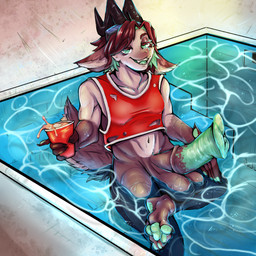alcohol animal_genitalia animal_penis anthro balls beverage big_balls big_penis bottomless bottomless_male clothed clothing container cup equine_genitalia equine_penis erection eyewear eyewear_on_head fur genitals hair holding_object horn looking_at_viewer male nude partially_submerged pawpads paws penis poolside red_solo_cup shirt smile solo sunglasses sunglasses_on_head topwear water wearing_sunglasses sesameseed bovid caprine goat mammal 1:1 digital_media_(artwork)