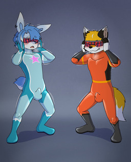4_fingers anthro balls_outline bangs black_nose blue_body blue_bodysuit blue_clothing blue_ears blue_fur blue_hair blue_inner_ear blue_latex blue_skinsuit blue_spandex bodily_fluids bodysuit boots brainwashing brown_body brown_ears brown_eyebrows brown_fur buckteeth bulge cheek_tuft claws clenched_teeth clothing dazed detailed_bulge dipstick_ears dripping duo ear_markings ear_piercing ear_ring emanata erection erection_under_clothing eyebrows eyewear eyewear_on_head facial_tuft fangs finger_claws fingers footwear fox_ears fox_tail fur genital_fluids genital_outline gloves grey_background hair hand_on_head handwear highlights_(coloring) hypnotic_visor latex latex_boots latex_clothing latex_footwear latex_gloves latex_handwear latex_skinsuit leaking_precum long_ears male markings mind_control multicolored_ears open_mouth penis_outline piercing pink_eyes precum precum_drip rabbit_ears red_bodysuit red_clothing red_eyes red_latex red_skinsuit red_spandex ring_piercing scut_tail shoes short_tail simple_background skinsuit spandex spandex_clothing squirming star star_print struggling superhero superhero_costume sweat sweatdrop tail tan_inner_ear teeth tenting tight_clothing tongue tuft white_body white_ear_tips white_eyebrows white_fur white_highlights yellow_body yellow_fur young young_anthro young_male lmania329 rest_(lmania329) canid canine canis fox lagomorph leporid mammal rabbit hi_res sequence