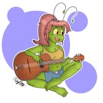 4_fingers 4_toes abstract_background accessory acoustic_guitar antennae_(anatomy) anthro barefoot biped blue_hair_bow bottomwear bow_ribbon breasts brown_eyes clothed clothing denim eyebrow_through_hair eyebrows eyelashes feet female fingers frilly frilly_clothing frilly_panties frilly_underwear green_body guitar gypsy_guitar hair hair_accessory hair_bow hair_ribbon hotpants humanoid_feet midriff minishorts musical_instrument non-mammal_breasts open_mouth panties pink_hair plantigrade playing_guitar playing_music plucked_string_instrument ribbons rounded_teeth shirt shorts smile solo string_instrument tank_top text three-quarter_view toes topwear translucent translucent_hair underwear unzipped_shorts yellow_sclera czyszy sagabel kathy_deed arthropod insect katydid orthopterid 1:1 artist_name full-length_portrait hi_res portrait signature