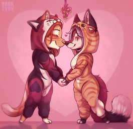 anthro blinking boop clothed clothing duo ear_piercing female fluffy fluffy_tail fur green_eyes hair hand_holding heart_symbol holidays kigurumi male mistletoe nose_boop onesie orange_body orange_fur orange_hair piercing plant red_body red_fur ring_piercing simple_background smile tail white_body white_hair dark-bark christmas august_(hlebopodobniy) canid canine domestic_cat felid feline felis fox mammal hi_res
