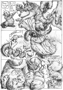 after_vore anthro bodily_fluids bone bone_imprints bulge churning_balls cock_vore cum digestion duo ejaculation fatal_vore genital_fluids genitals imprints leaking_cum male male/male penile penis unwilling_prey vein veiny_penis vore anxiousboar canid canine canis domestic_dog husky mammal mustelid nordic_sled_dog otter spitz absurd_res comic hi_res monochrome sketch traditional_media_(artwork)