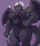 anthro barazoku big_muscles big_nipples big_pecs black_body black_clothing black_nipples bulge clothing huge_muscles huge_pecs looking_at_viewer male membrane_(anatomy) membranous_wings muscular muscular_anthro muscular_arms muscular_male muscular_thighs nipples pecs purple_background purple_eyes simple_background solo tail wings wrestling_singlet crocobu european_mythology mythology nintendo ring_fit_adventure dragaux dragon mythological_creature mythological_scalie scalie western_dragon 2019 hi_res portrait three-quarter_portrait