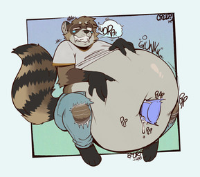 anthro belly belly_fucking big_belly bloated blue_bottomwear blue_clothing blue_pants bottomwear brown_body brown_fur burping clothing denim denim_bottomwear denim_clothing disembodied_penis fluffy fluffy_tail fur genitals hand_on_belly huge_belly hyper hyper_belly inflation jeans looking_pleasured male markings motion_lines navel navel_fetish navel_penetration obese obese_anthro obese_male onomatopoeia overweight overweight_anthro overweight_male pants penetration penis penis_in_navel rumbling_stomach shirt sitting sloshing_belly solo sound_effects striped_markings striped_tail stripes tail tail_markings text topwear torn_bottomwear torn_clothing torn_jeans torn_pants white_clothing white_shirt white_topwear creepsterrr mammal procyonid raccoon hi_res