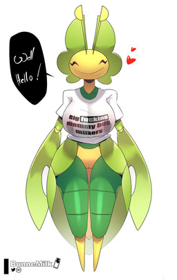 antennae_(anatomy) anthro bottomless clothed clothing dialogue eyelashes eyes_closed featureless_feet feet female front_view genitals green_body heart_symbol simple_background smile solo speech_bubble text text_on_clothing text_on_topwear thick_thighs topwear vulva white_background white_clothing white_topwear wide_hips yellow_body bunnemilk nintendo pokemon generation_5_pokemon leavanny pokemon_(species) hi_res