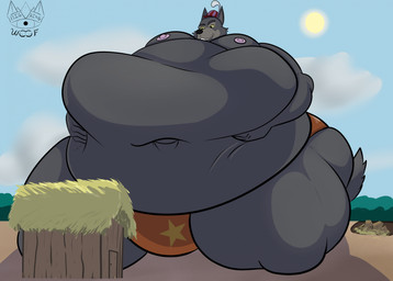 anthro belly big_belly clothing fur grey_body grey_fur hat headgear headwear huge_belly macro male moobs morbidly_obese obese obese_male overweight overweight_male solo underwear bigkingwoof disney robin_hood_(disney) sheriff_of_nottingham canid canine canis mammal wolf hi_res