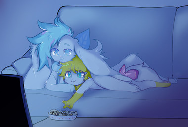 3_fingers 3_toes 4_fingers anthro blue_eyes blue_hair bow_ribbon bowl container detailed_background duo eating eating_food electronics feet fingers flower food fruit fur furniture green_eyes hair head_on_head lying male nut_(fruit) on_front pawpads paws pink_nose plant popcorn pretzel_(food) side_by_side sofa television toes white_body white_fur yellow_body yellow_fur basilbxun nintendo pokemon ashley_(shaymin) generation_4_pokemon legendary_pokemon pokemon_(species) shaymin sky_forme_shaymin hi_res