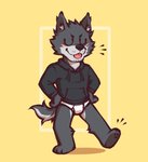 anthro black_clothing black_hoodie black_topwear blep briefs clothing drawyourfursona hoodie hoodie/briefs_meme male simple_background solo standing tongue tongue_out topwear underwear white_clothing white_underwear flunky meme_clothing flunky_(character) canid canine canis mammal wolf digital_media_(artwork) hi_res meme