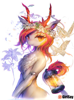 amber_eyes anthro antlers armlet blonde_highlights casual_nudity chest_tuft detailed_ambient_creature eyelashes female feral fire flower fur grey_body grey_fur group hair highlights_(coloring) horn lamp lantern looking_at_viewer patreon_logo plant red_hair silver_(metal) simple_background smile solo_focus tail tail_tuft trio tuft white_background wreath yellow_eyes girlsay hasbro my_little_pony patreon fan_character ambient_arthropod ambient_butterfly ambient_flier ambient_insect arthropod butterfly equid equine horse insect lepidopteran mammal pony hi_res