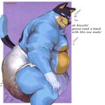 anthro blue_body blue_fur blush clothed clothing diaper diaper_fetish diaper_only diaper_use feces fur male obese overweight pooping soiled_diaper soiling soiling_diaper solo tail text topless unclean_diaper used_diaper wearing_diaper ianicine bluey_(series) bandit_heeler canid canine canis domestic_dog mammal 1:1 digital_media_(artwork) english_text hi_res