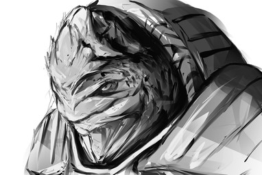 ambiguous_gender anthro armor looking_at_viewer mouth_closed pupils simple_background solo white_background deriaz bioware electronic_arts mass_effect alien krogan 2014 bust_portrait digital_drawing_(artwork) digital_media_(artwork) greyscale monochrome portrait