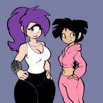 black_hair breasts brown_eyes cleavage clothed clothing duo female hair light_body light_skin long_hair not_furry purple_eyes purple_hair simple_background jek_(artist) comedy_central futurama amy_wong turanga_leela cyclops human humanoid mammal 1:1 hi_res