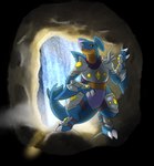 anthro armor black_sclera blue_body blue_scales body_armor cave claws digitigrade male orange_body orange_scales scales solo yellow_eyes alex.fetter nintendo pokemon cobalt_(totodileweeb18) garchomp generation_4_pokemon pokemon_(species) absurd_res alpha_channel hi_res