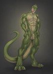 3_toes 5_fingers abs anthro balls biceps bodily_fluids broad_shoulders calf_muscles claws deltoids dewclaw digitigrade dog_tags dog_tags_only facial_markings feet finger_claws fingers flaccid forearm_muscles genitals green_body green_eyes green_scales grey_background grey_claws hands_on_hips head_markings head_spikes humanoid_genitalia humanoid_penis licking licking_lips long_tail looking_at_viewer male markings muscular muscular_anthro muscular_male naughty_face navel nipples nude open_mouth orange_markings paws pecs penis pink_nipples pose presenting pupils quads saliva scales self_lick sharp_teeth simple_background slit_pupils snout snout_markings solo spikes spikes_(anatomy) standing suggestive sunburst_background tail teeth thick_neck thick_tail toe_claws toes tongue tongue_out vein veiny_penis redgreendied rocco_(tallion) dinosaur prehistoric_species reptile scalie theropod tyrannosaurid tyrannosauroid tyrannosaurus tyrannosaurus_rex digital_media_(artwork) hi_res shaded