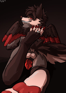 anthro balls butt colored_nails feet fluffy fluffy_tail foot_focus genitals grey_body knot knotted_penis looking_at_viewer lying male nails paws penis red_eyes red_nails ring smile smirk solo tail wings sys_bps european_mythology greek_mythology mythology kazu_(kazuk9) avian canid canine canis hybrid mammal mythological_avian mythological_bird mythological_creature mythological_firebird phoenix wolf absurd_res hi_res