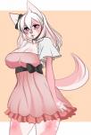 accessory anthro big_breasts biped bow_(feature) bow_accessory bow_ribbon breasts clothed clothing dress female hair_accessory hair_bow hair_ribbon looking_at_viewer purple_eyes ribbons simple_background solo standing hoshicchi mitsuki_(hoshicchi) canid canine canis fox hybrid mammal wolf digital_media_(artwork) hi_res portrait three-quarter_portrait