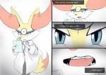 anthro blouse blue_eyes board clothing doctor fangs female fur lamp medical_instrument scientific_instrument stethoscope tablet teeth text topwear eryz nintendo pokemon braixen generation_6_pokemon pokemon_(species) comic english_text hi_res reaction_image
